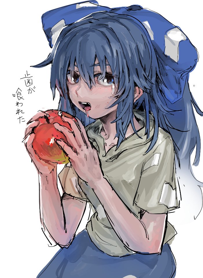 1girl apple bangs blue_eyes blue_hair blue_skirt bow dutch_angle food fruit grey_hoodie hair_between_eyes hair_bow hakonnbo holding holding_food holding_fruit hood hood_down hoodie jaggy_lines long_hair looking_at_viewer open_mouth red_apple saliva short_sleeves simple_background skirt solo touhou translation_request white_background yorigami_shion
