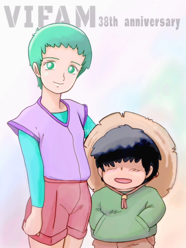 1980s_(style) 1boy 1girl alien black_hair child english_text gimmy_eril ginga_hyouryuu_vifam graphite_(medium) green_eyes green_hair hands_in_pockets happy hat jacket katue_piason looking_at_viewer marker_(medium) moroboshi_danshaku official_style retro_artstyle scan science_fiction short_hair shorts size_difference sketch smirk straw_hat title traditional_media vest