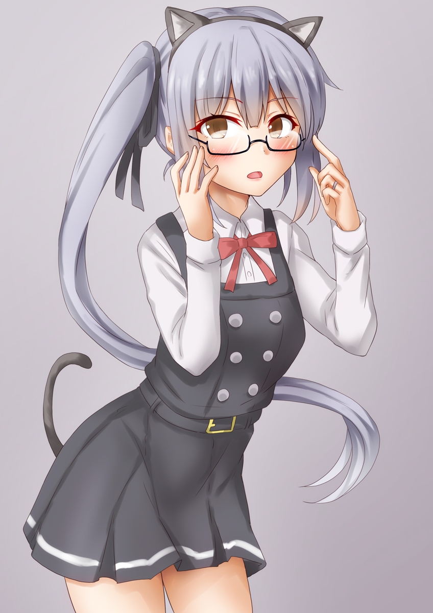 1girl adjusting_eyewear animal_ears anti_(untea9) bespectacled black-framed_eyewear blush bow buttons cat_ears cat_tail double-breasted extra_ears glasses grey_background grey_hair highres kantai_collection kasumi_(kancolle) looking_at_viewer one-hour_drawing_challenge open_mouth red_bow semi-rimless_eyewear side_ponytail simple_background solo tail thighs yellow_eyes