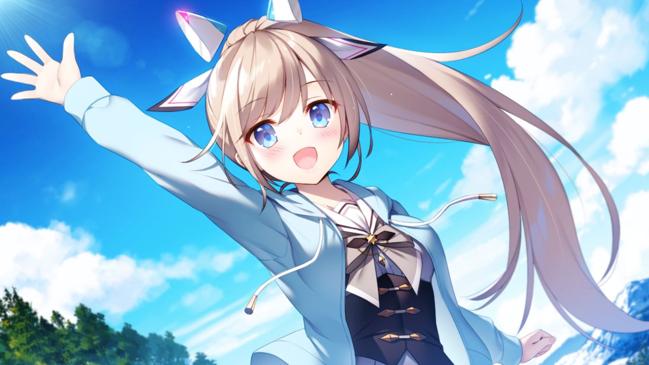 1girl :d ameto_yuki arm_up bangs blue_eyes blue_sky blush bow bowtie cardigan clouds day floating_hair fuyukara_kururu game_cg grey_bow grey_bowtie grey_hair hair_between_eyes hair_bow hood hood_down hooded_cardigan hoshito_chiemi lens_flare long_hair long_sleeves looking_at_viewer open_cardigan open_clothes open_mouth outdoors ponytail shiny shiny_hair sky smile solo sunlight underbust upper_body very_long_hair white_bow