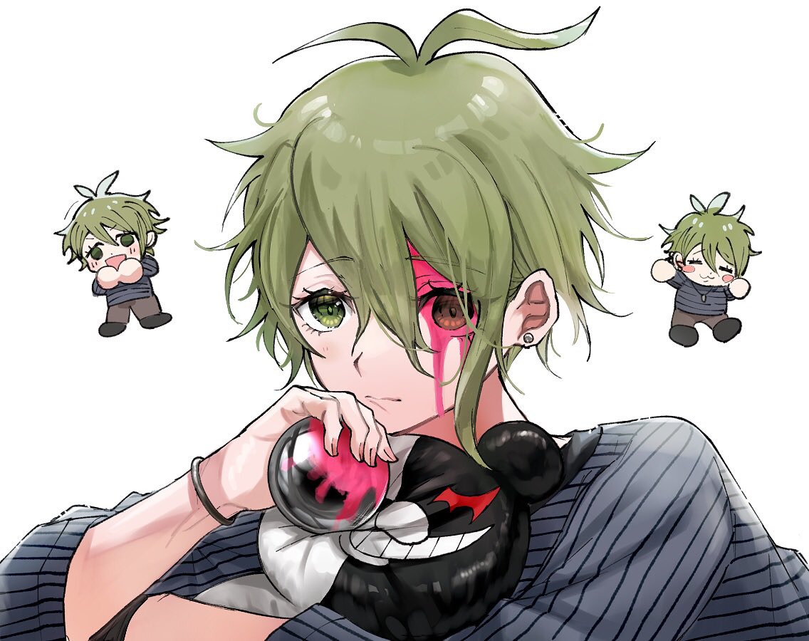 1boy :d amami_rantarou antenna_hair ball bangs blood blood_on_face bracelet chibi danganronpa_(series) danganronpa_v3:_killing_harmony earrings gorila_chan green_eyes green_hair grey_background holding holding_ball jewelry male_focus messy_hair monokuma multiple_views necklace open_mouth pink_blood portrait shiny shiny_hair shirt simple_background smile striped striped_shirt