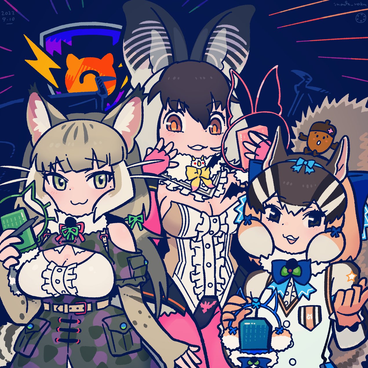 3girls animal_costume animal_ear_fluff animal_ears black_eyes bow bowtie breasts brown_eyes brown_hair brown_long-eared_bat_(kemono_friends) cellphone green_eyes grey_hair highres inada_roku jungle_cat_(kemono_friends) kemono_friends kemono_friends_v_project large_breasts long_hair looking_at_viewer microphone multicolored_hair multiple_girls phone scarf shirt siberian_chipmunk_(kemono_friends) simple_background skirt smartphone smile tail virtual_youtuber