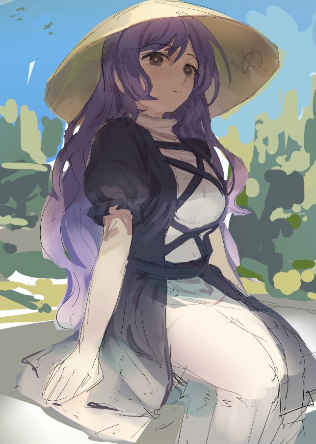 1girl ajirogasa alternate_eye_color bangs breasts closed_mouth cross-laced_clothes dress expressionless feet_out_of_frame grey_eyes hair_between_eyes hakonnbo hat hijiri_byakuren large_breasts layered_dress long_hair looking_at_viewer puffy_short_sleeves puffy_sleeves purple_hair short_hair short_sleeves sitting solo touhou turtleneck_dress wavy_hair white_dress