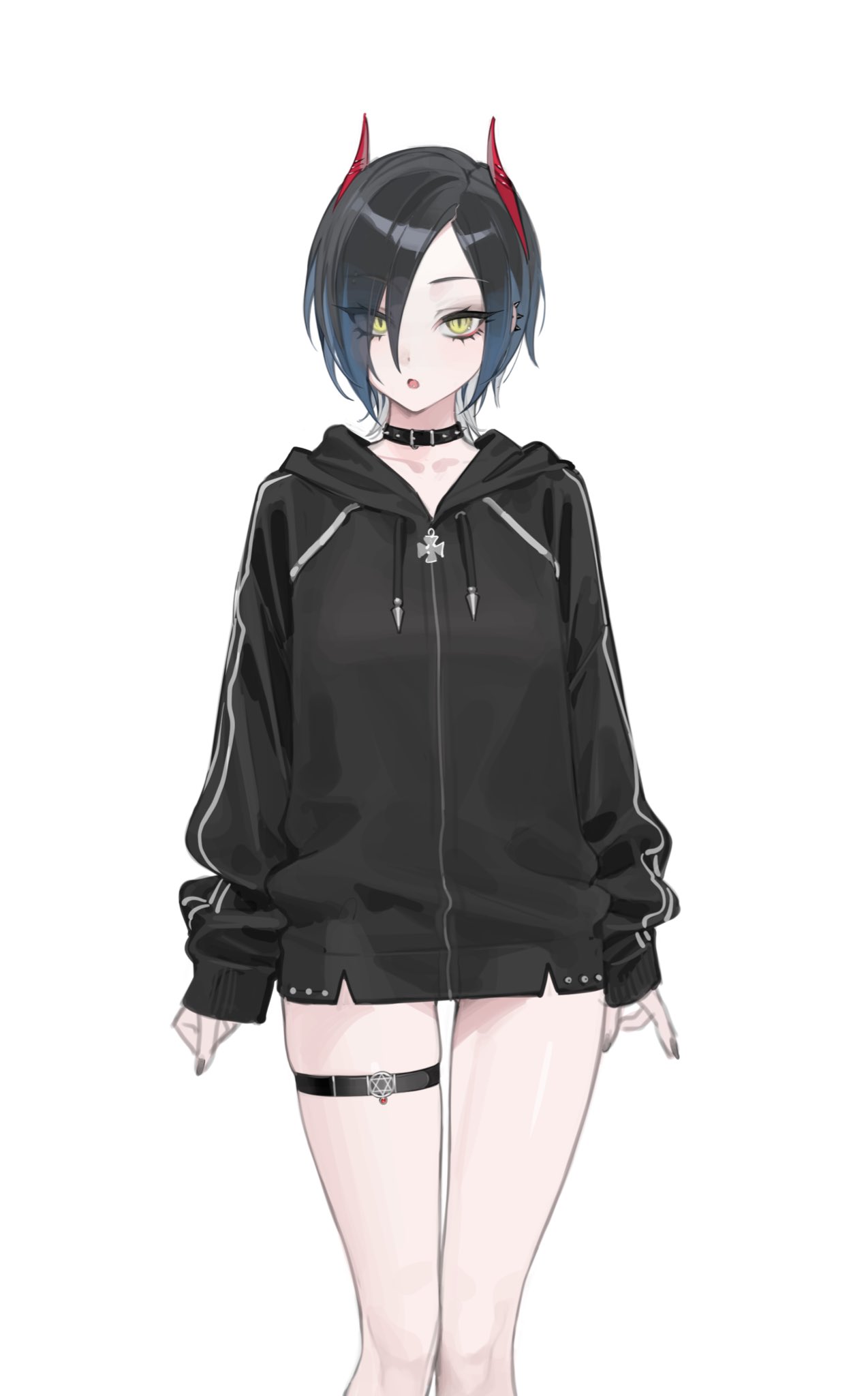 1girl azur_lane black_hair choker cross ear_piercing eyes_visible_through_hair hair_over_one_eye highres hood hoodie horns iron_cross looking_at_viewer mechanical_horns ohisashiburi open_mouth piercing red_horns short_hair simple_background skindentation slit_pupils solo spiked_choker spikes thigh_strap ulrich_von_hutten_(azur_lane) white_background yellow_eyes