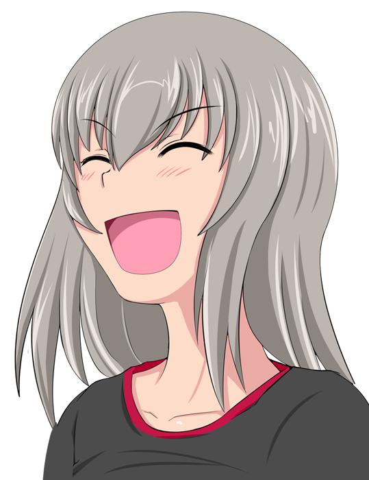 1girl :d bangs black_shirt casual closed_eyes commentary girls_und_panzer grey_hair itsumi_erika medium_hair open_mouth portrait shirt simple_background smile solo tanaka_rikimaru white_background