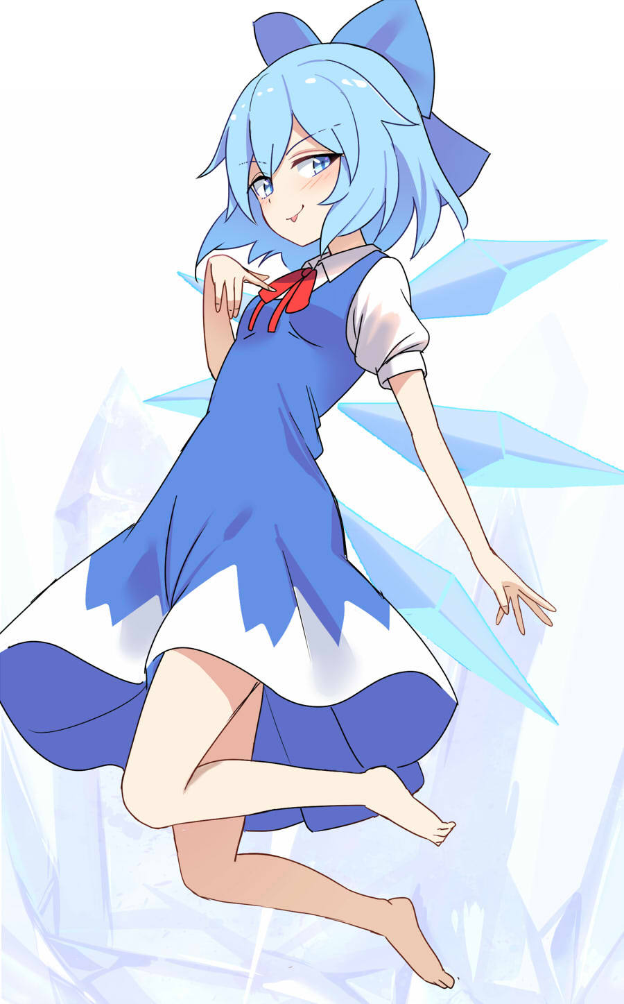 1girl barefoot blue_bow blue_dress blue_eyes blue_hair blush bow cirno closed_mouth collared_shirt detached_wings dress e.o. fairy hair_between_eyes hair_bow highres ice ice_wings shirt short_hair short_sleeves simple_background smile solo tongue tongue_out touhou white_background white_shirt wings