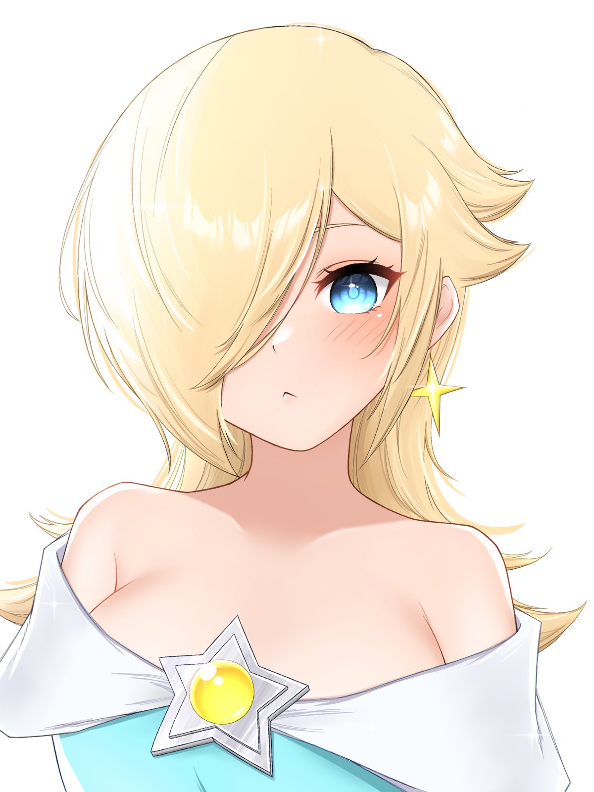 1girl :&lt; bare_shoulders blonde_hair blue_eyes breasts closed_mouth hair_over_one_eye highres large_breasts long_hair looking_at_viewer rosalina simple_background solo star_(symbol) super_mario_bros. super_mario_galaxy tomatomiya upper_body white_background