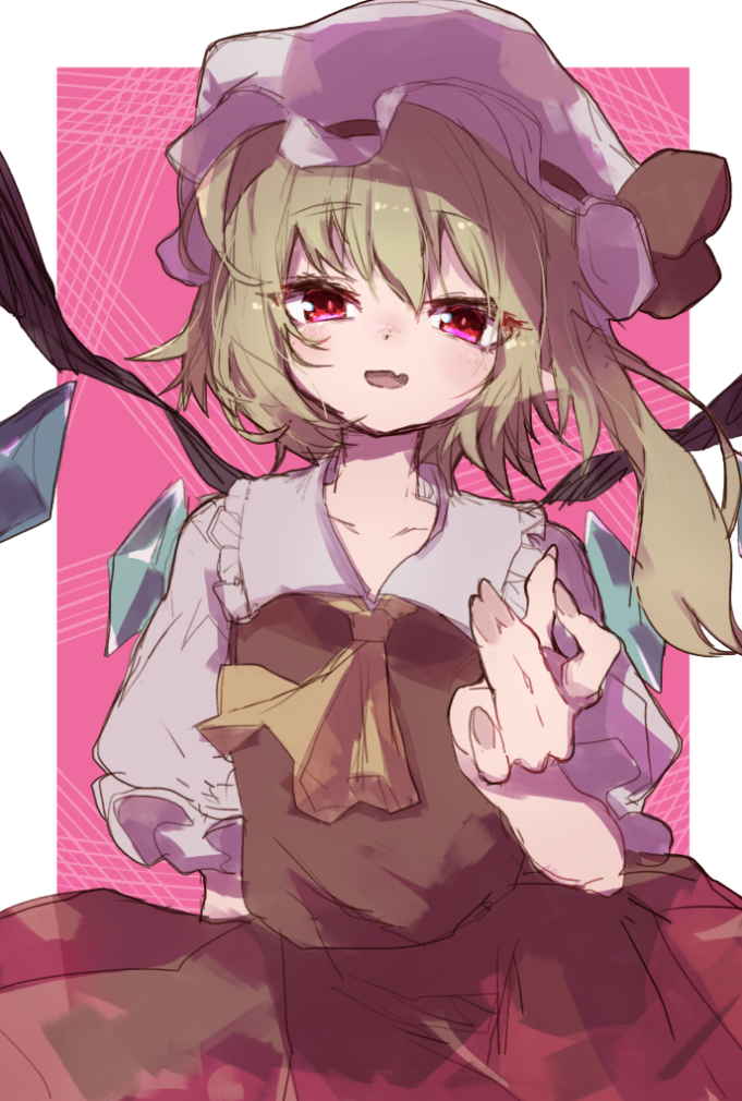 1girl ascot blonde_hair collarbone collared_shirt cowboy_shot fang flandre_scarlet frilled_shirt_collar frilled_sleeves frills hair_between_eyes hat hat_ribbon head_tilt jamir limited_palette long_hair looking_at_viewer mob_cap multicolored_wings open_mouth pink_background puffy_short_sleeves puffy_sleeves red_eyes red_ribbon red_skirt red_vest ribbon shirt short_sleeves side_ponytail skin_fang skirt solo touhou vest white_headwear white_shirt wings yellow_ascot