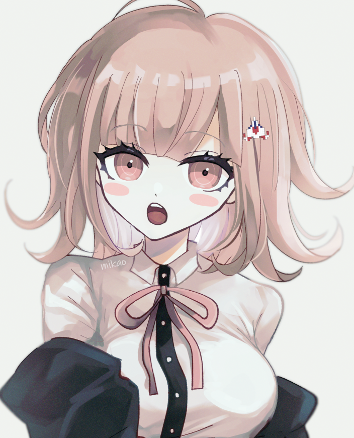 1girl bangs black_shirt breasts collared_shirt commentary_request danganronpa_(series) danganronpa_2:_goodbye_despair flipped_hair galaga hair_ornament jacket large_breasts light_brown_hair looking_at_viewer medium_hair mikao_(eanv5385) nanami_chiaki neck_ribbon pink_eyes pink_ribbon ribbon shirt solo white_shirt