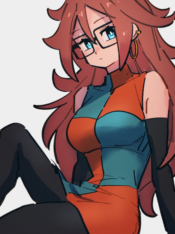1girl android_21 blue_eyes breasts checkered_clothes checkered_dress closed_mouth dragon_ball dragon_ball_fighterz dress earrings glasses grey_background hoop_earrings jewelry kemachiku large_breasts long_hair looking_at_viewer redhead simple_background solo