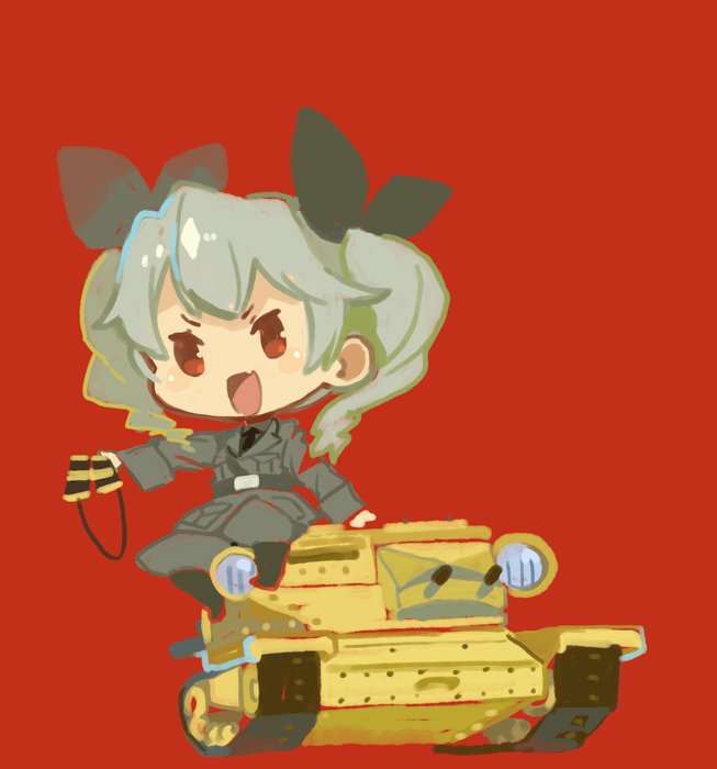 1girl anchovy_(girls_und_panzer) black_necktie black_ribbon carro_veloce_cv-33 chibi commentary drill_hair full_body girls_und_panzer green_hair ground_vehicle hair_ribbon long_hair looking_at_viewer military military_vehicle mota motor_vehicle necktie open_mouth red_background ribbon simple_background smile solo tank twin_drills twintails