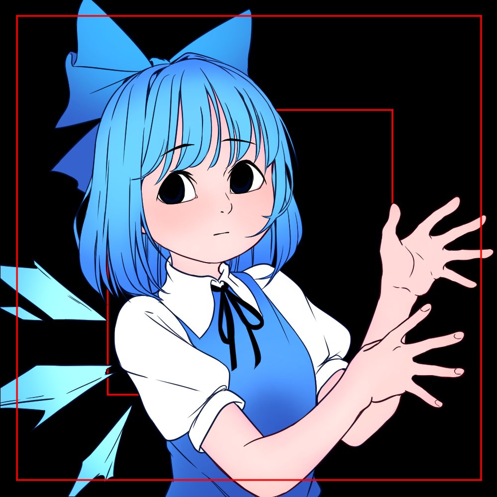 1girl black_background black_eyes blue_hair bow cirno fingers hair_bow hands_up ice ice_wings looking_at_viewer mefomefo neck_ribbon puffy_short_sleeves puffy_sleeves ribbon short_hair short_sleeves simple_background solo touhou upper_body wing_collar wings