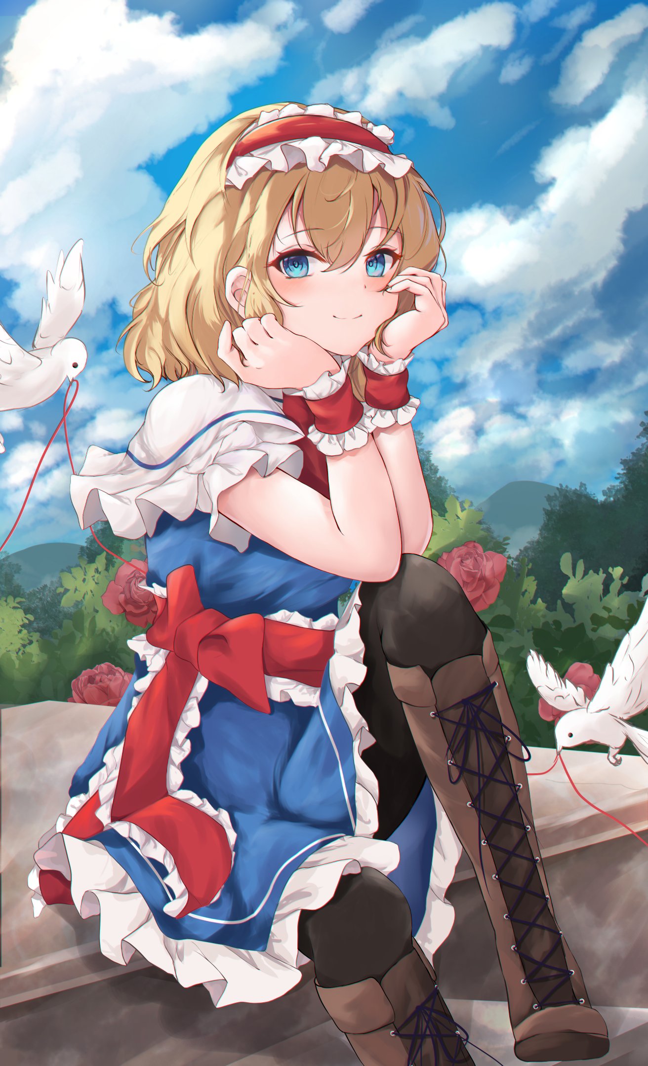 1girl alice_margatroid ascot blonde_hair blue_dress blue_eyes boots brown_footwear capelet commentary_request cross-laced_footwear dress frilled_ascot frilled_dress frilled_hairband frills hairband happy highres lolita_hairband medium_hair orchid_(orukido) puffy_short_sleeves puffy_sleeves red_ascot red_hairband short_sleeves sitting solo touhou white_capelet