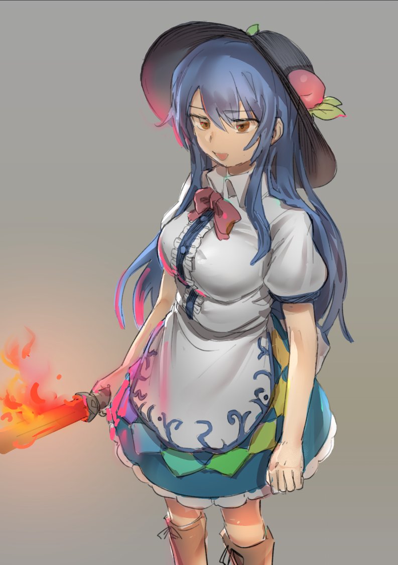1girl alternate_breast_size bangs black_headwear blue_hair blue_skirt boots bow bowtie breasts brown_eyes brown_footwear center_frills collared_shirt commentary_request feet_out_of_frame food frills fruit hakonnbo hinanawi_tenshi large_breasts leaf long_hair looking_afar open_mouth peach puffy_short_sleeves puffy_sleeves rainbow_order red_bow red_bowtie shirt short_sleeves simple_background skirt smile solo sword_of_hisou touhou white_shirt