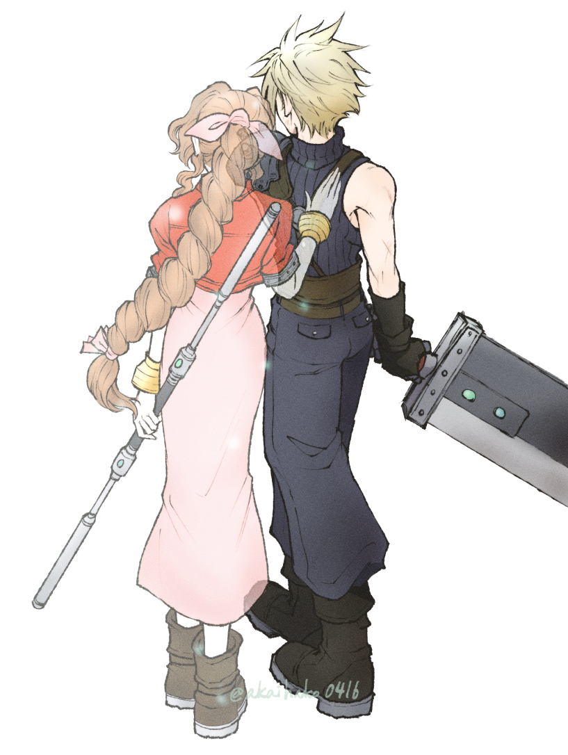 1boy 1girl aerith_gainsborough armor baggy_pants bangle bangs bare_shoulders belt blonde_hair blue_pants blue_shirt boots bracelet braid braided_ponytail brown_footwear brown_hair buster_sword cloud_strife cropped_jacket dress facing_away fighting_stance final_fantasy final_fantasy_vii ghost gloves hair_ribbon hand_on_another's_back holding holding_staff holding_sword holding_weapon jacket jewelry long_dress long_hair materia multiple_belts pants parted_bangs pink_dress pink_ribbon puffy_short_sleeves puffy_sleeves red_jacket ribbon shirt short_hair short_sleeves shoulder_armor sidelocks sleeveless sleeveless_turtleneck spiky_hair spirit staff standing suspenders sword turtleneck twitter_username wavy_hair weapon white_background you_(blacknwhite)
