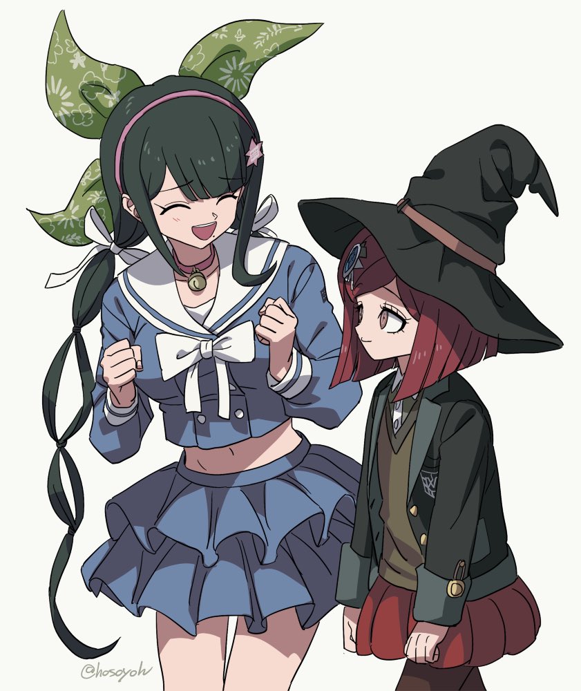 2girls :d arms_at_sides bangs black_hair black_headwear black_jacket breasts brown_pantyhose chabashira_tenko clenched_hands cowboy_shot danganronpa_(series) danganronpa_v3:_killing_harmony from_side hair_ornament hair_ribbon hairband hairclip hands_up hat hosodayo jacket large_breasts layered_skirt long_hair long_sleeves looking_at_another midriff miniskirt mole mole_under_mouth multiple_girls navel open_mouth pantyhose pleated_skirt red_eyes red_skirt redhead ribbon school_uniform serafuku shirt short_hair skirt smile stomach teeth twintails upper_teeth witch_hat yumeno_himiko