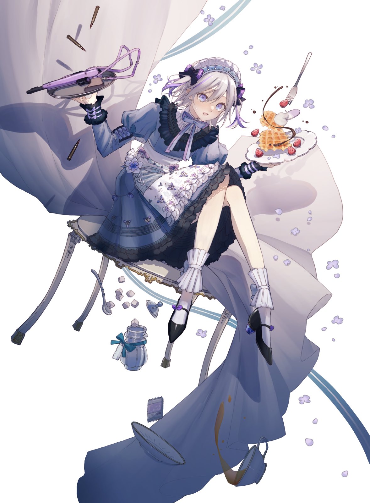 1girl apron bullet commentary_request contender_(flowerful_maid)_(girls'_frontline) contender_(girls'_frontline) cup food fork frilled_socks frills fruit girls_frontline gun handgun high_heels highres holding holding_tray maid maid_apron maid_headdress official_alternate_costume plate rabb_horn saucer socks solo spoon strawberry sugar_cube tea teacup thompson/center_contender tray waffle weapon whipped_cream