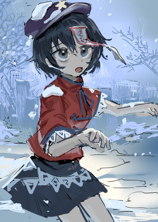 1girl bangs black_eyes black_skirt breasts chinese_clothes cowboy_shot fang grey_sky hakonnbo jiangshi lace-trimmed_sleeves lace_trim looking_at_viewer miyako_yoshika open_mouth outdoors purple_hair red_shirt shirt short_hair short_sleeves skin_fang skirt small_breasts snow snow_on_headwear snowing solo tangzhuang touhou