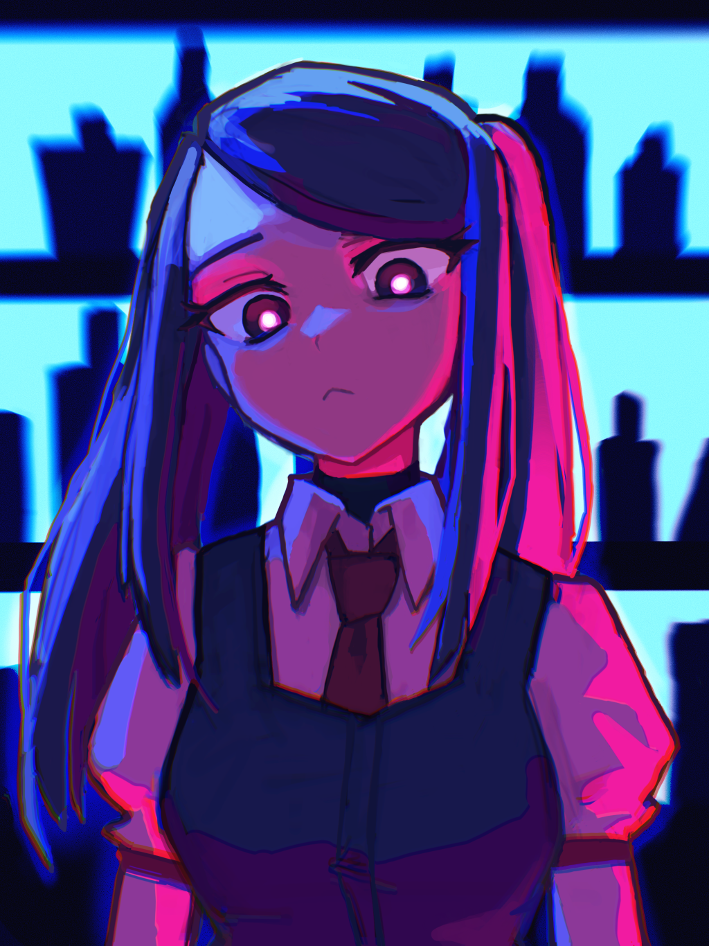 1girl :&lt; bangs_pinned_back bar bartender black_hair breasts bright_pupils chromatic_aberration closed_mouth collared_shirt hcnone highres jill_stingray limited_palette long_hair looking_at_viewer looking_down medium_breasts necktie puffy_short_sleeves puffy_sleeves red_necktie shirt short_sleeves sleeveless sleeveless_jacket solo twintails upper_body va-11_hall-a white_pupils white_shirt