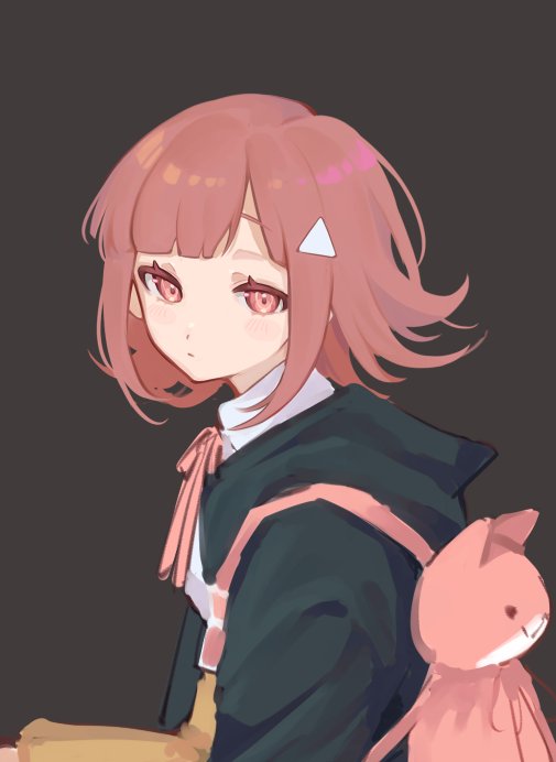 1girl alternate_hair_ornament animal_bag backpack bag bangs cat_bag danganronpa_(series) danganronpa_2:_goodbye_despair flipped_hair from_side hair_ornament hood jacket liang_cun_rakuna long_sleeves looking_at_viewer medium_hair nanami_chiaki neck_ribbon pink_eyes pink_ribbon ribbon shirt solo triangle_hair_ornament