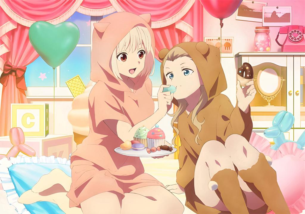 2girls animal_hood balloon balloon_animal blonde_hair blue_eyes candy cube curtains doughnut feeding food heart_balloon holding holding_plate hood indoors jar kurumi_(lycoris_recoil) light_brown_hair long_hair looking_at_another lycoris_recoil macaron medium_hair mirror muffin multiple_girls nishikigi_chisato official_art open_mouth orange_eyes phone photo_(object) pillow plate rotary_phone smile socks window