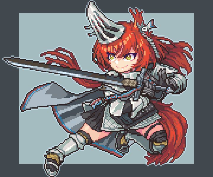 1girl animal_ears arknights armored_boots black_cape black_skirt boots border cape ear_covers ear_tag earpiece fighting_stance flametail_(arknights) full_body gauntlets grey_background grey_border holding holding_sword holding_weapon knee_pads long_hair outside_border pixel_art ponytail redhead simple_background skirt smile solo squirrel_ears squirrel_tail sword tail weapon yamaruko_(nymin10lcx) yellow_eyes