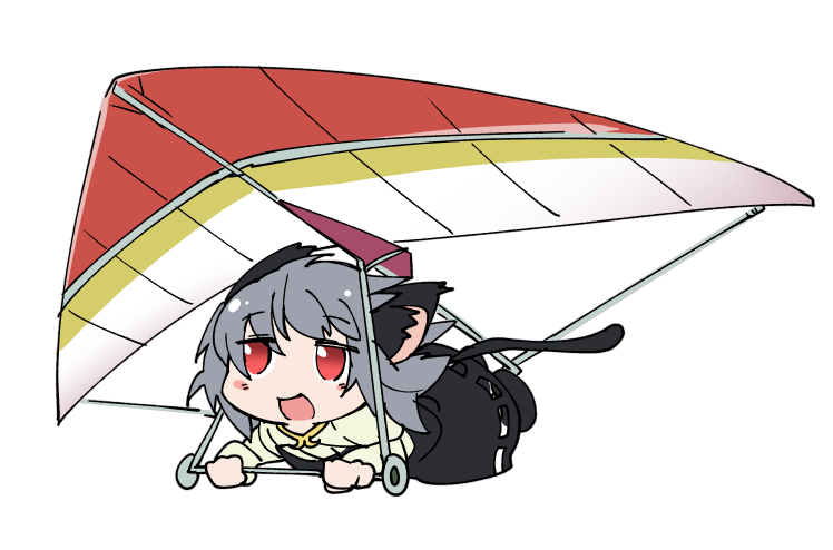 1girl animal_ears bangs blush capelet commentary_request cookie_(touhou) dress full_body grey_dress grey_hair hair_blowing hang_gliding ixy long_sleeves mouse_ears mouse_girl mouse_tail nazrin nyon_(cookie) open_mouth red_eyes shirt short_hair simple_background smile solo tail touhou white_background white_capelet white_shirt