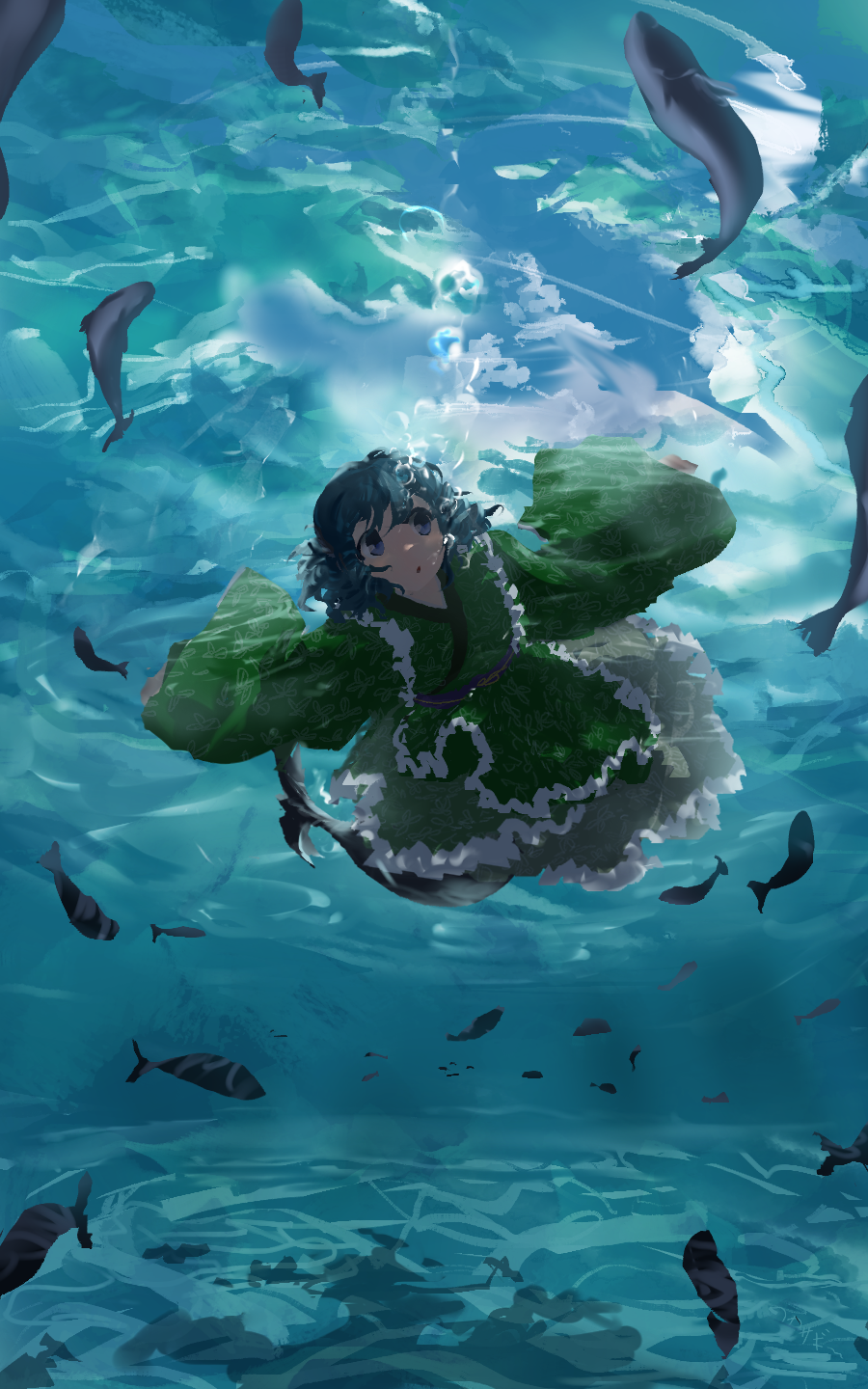1girl :o air_bubble arms_at_sides bangs blue_hair bubble day drill_hair fish frilled_kimono frills green_kimono highres japanese_clothes kimono long_sleeves mermaid monster_girl outdoors parted_lips shadow short_hair signature sleeves_past_wrists solo submerged swimming touhou underwater ushitsuchi wakasagihime wide_sleeves