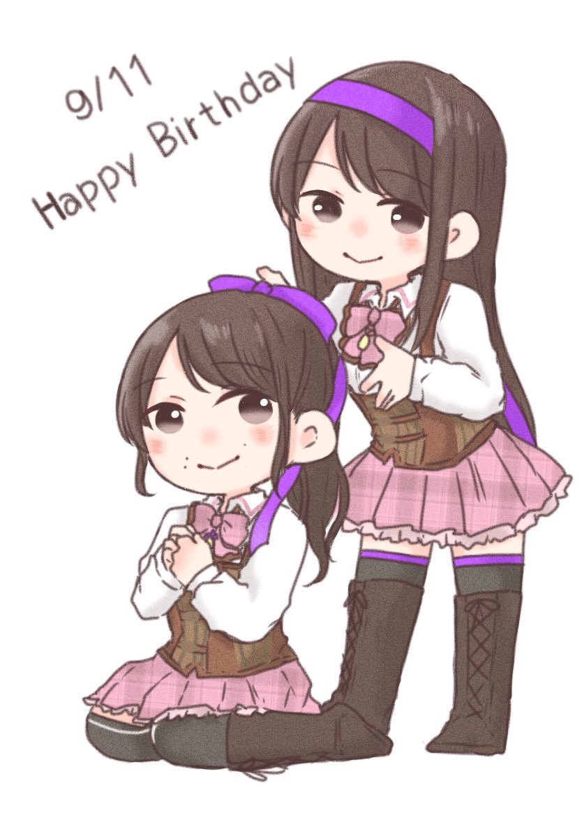 2girls :&gt; alternate_hairstyle assault_lily bangs behind_another black_thighhighs blush boots bow bowtie brown_eyes brown_footwear brown_hair closed_mouth collared_shirt commentary corset cross-laced_footwear dated frilled_skirt frills fukuyama_jeanne_sachie full_body hair_ribbon hairband hands_up happy_birthday jewelry kishimoto_maria_mirai knee_boots lace-up_boots leaning_forward long_hair long_sleeves looking_at_viewer ludvico_private_girls'_academy_school_uniform miniskirt mole mole_above_mouth mole_under_mouth multiple_girls necklace nigari_(ngari_0115) nose_blush own_hands_together pendant pink_bow pink_bowtie pink_skirt plaid plaid_skirt ponytail purple_hairband purple_ribbon ribbon school_uniform shirt sidelocks simple_background sitting skirt smile standing suspenders swept_bangs thigh-highs thighhighs_under_boots underbust wariza white_background white_shirt zettai_ryouiki