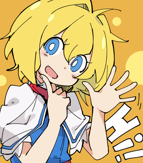1girl :d alice_margatroid bangs blonde_hair blue_dress blue_eyes blush bright_pupils commentary_request cookie_(touhou) dress hair_intakes ixy looking_at_viewer open_mouth orange_background shirt short_hair smile solo touhou upper_body waving web_(cookie) white_pupils white_shirt