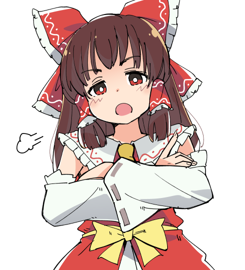 1girl =3 bangs bloomers blush bow bright_pupils brown_hair commentary_request cookie_(touhou) crossed_arms detached_sleeves frilled_bow frilled_hair_tubes frills hair_bow hair_tubes hakurei_reimu ixy kanna_(cookie) long_hair looking_at_viewer open_mouth red_bow red_eyes red_shirt shirt sidelocks simple_background sleeveless sleeveless_shirt solo touhou underwear upper_body white_background white_bloomers white_pupils white_sleeves yellow_bow