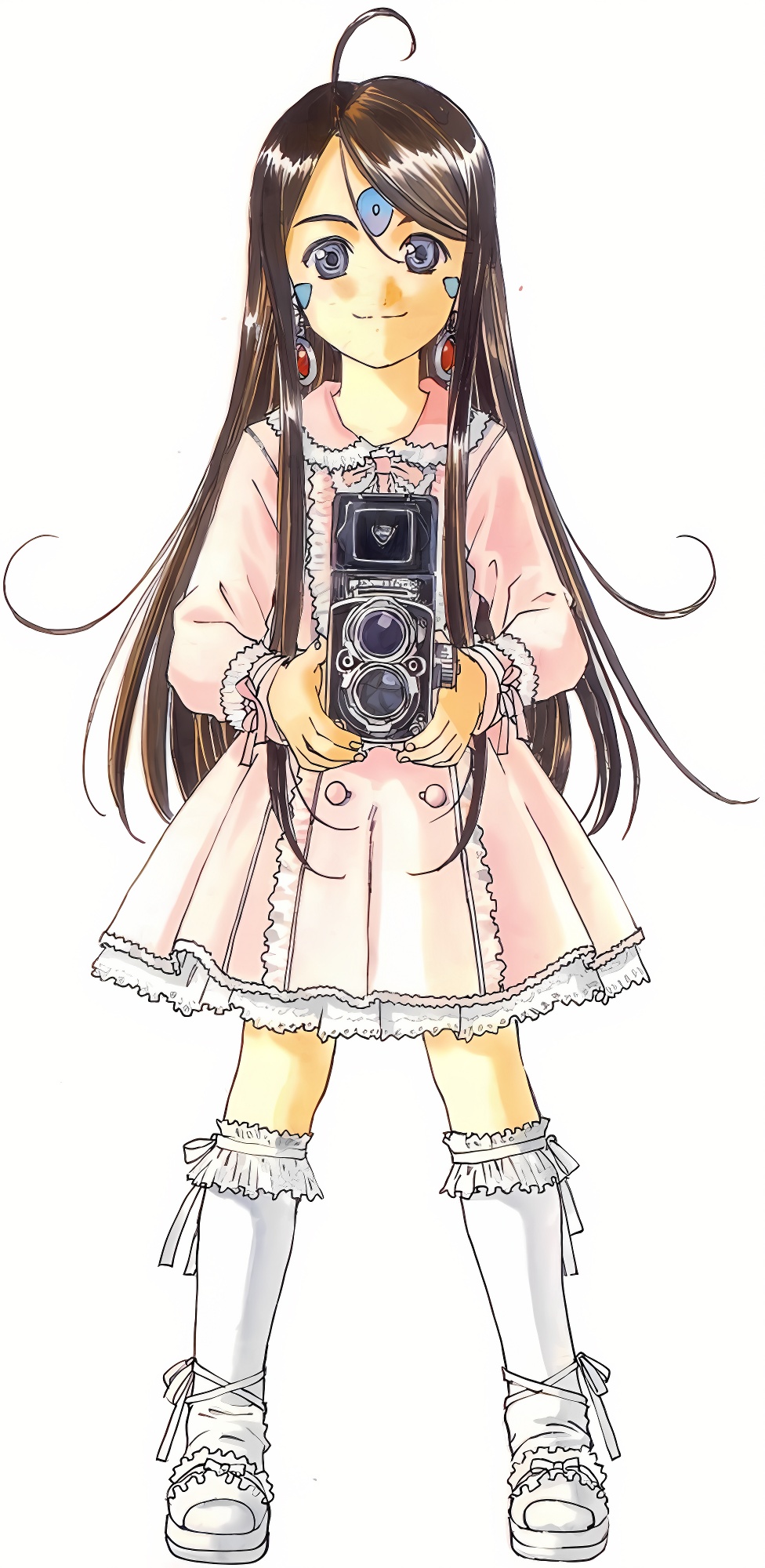 1990s_(style) 1girl aa_megami-sama ah_my_goddess ahoge buttons camera dark_hair dress earrings facial_mark forehead_mark frilled_dress frilled_socks goddess happy holding_camera leica_(camera) long_hair looking_at_viewer official_art pearl_earrings pink_dress ribbons shoes skuld smiling socks solo white_background white_shoes