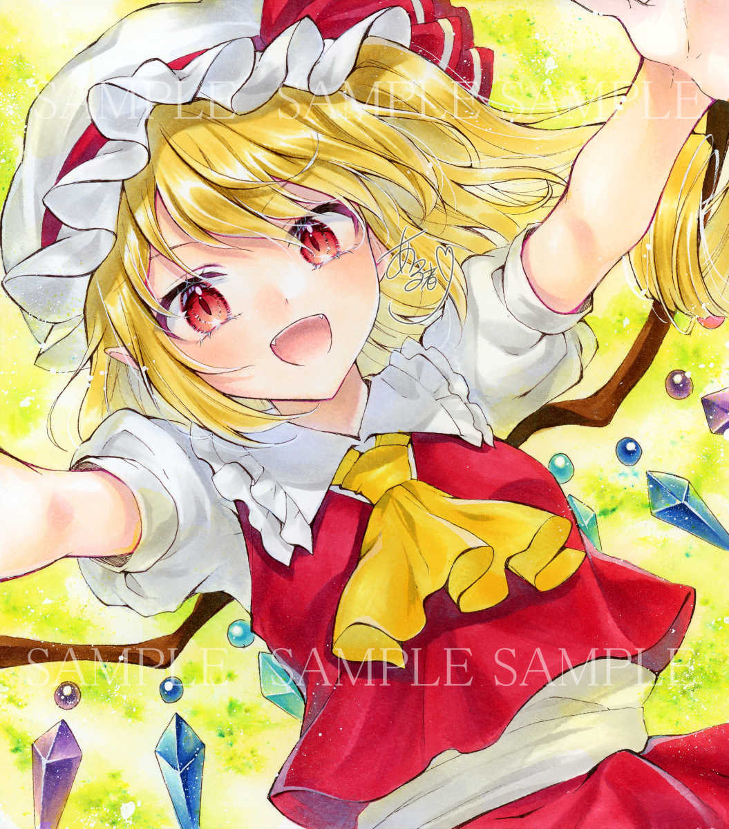 1girl :d alto2019 ascot blonde_hair breasts crystal flandre_scarlet frilled_shirt_collar frills green_background hat hat_ribbon highres looking_at_viewer marker_(medium) medium_hair mob_cap multicolored_wings open_mouth outstretched_arms puffy_short_sleeves puffy_sleeves red_eyes red_ribbon red_skirt red_vest ribbon sample_watermark shiny shiny_hair shirt short_sleeves side_ponytail signature simple_background skirt skirt_set small_breasts smile solo touhou traditional_media vest white_headwear white_shirt wings yellow_ascot