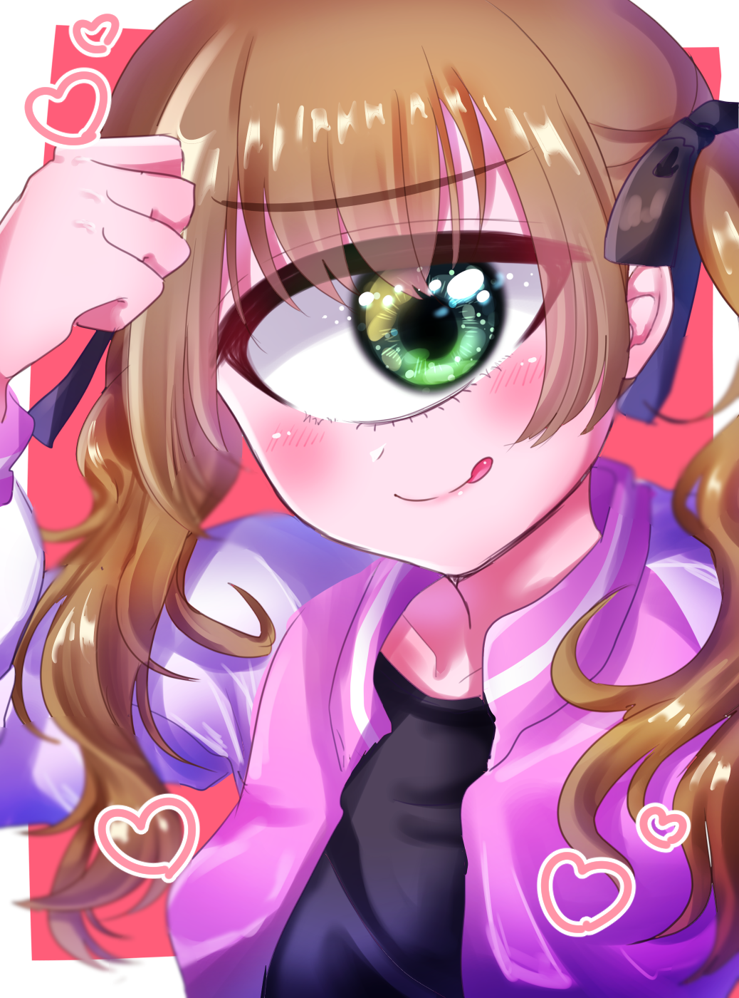1girl :q azen_(mntimcczgrtn) black_bow black_shirt bow brown_hair cyclops eye_focus green_eyes hair_bow heart highres jacket looking_at_viewer one-eyed original pink_jacket shirt smile solo tehepero tongue tongue_out twintails upper_body