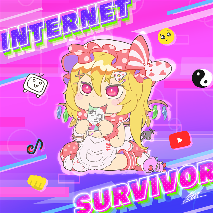 1girl akion_(chibaibaraki) apron bilibili blonde_hair chibi emoticon english_text fang fang_out flandre_scarlet frilled_apron frills gradient gradient_background hair_between_eyes hat internet_survivor laevatein_(tail) long_hair mob_cap multicolored_wings pien pink_background polka_dot polka_dot_skirt purple_background red_eyes red_footwear red_skirt shirt side_ponytail sitting skirt solo tail tiktok touhou waist_apron wariza white_apron wings yin_yang youtube