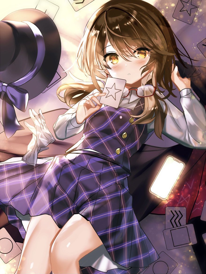 1girl black_headwear bolo_tie bow brown_hair buttons cape eyewear_removed fedora fuupu glasses gloves gloves_removed hat hat_bow hat_removed headwear_removed looking_at_viewer low_twintails lying on_back plaid plaid_vest purple_skirt purple_vest red-framed_eyewear school_uniform semi-rimless_eyewear short_hair skirt solo touhou twintails under-rim_eyewear usami_sumireko vest yellow_eyes zener_card