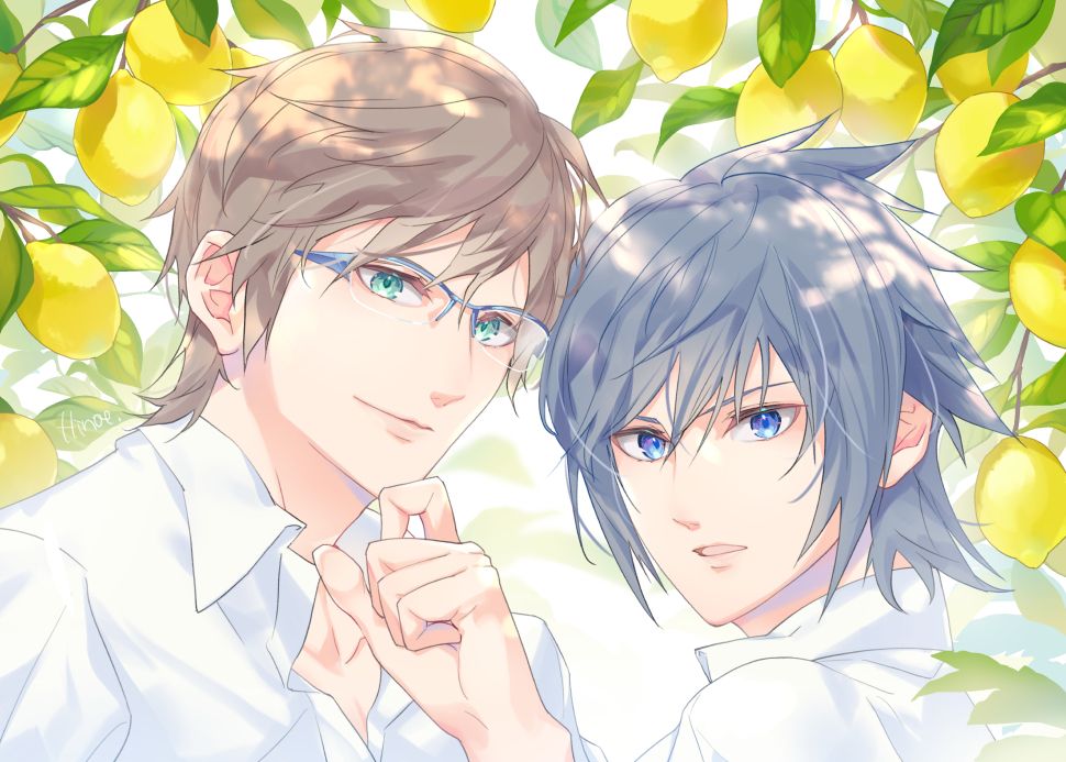 2boys black_hair blue_eyes brown_hair close-up collared_shirt final_fantasy final_fantasy_xv food fruit fruit_tree glasses green_eyes hair_between_eyes hand_to_own_mouth hinoe_(dd_works) ignis_scientia lemon looking_at_viewer looking_back male_focus multiple_boys noctis_lucis_caelum outdoors parted_lips shirt short_hair smile spiky_hair tree upper_body white_shirt