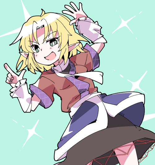 1girl arm_warmers bangs black_shirt black_skirt blonde_hair blue_background breasts brown_shirt commentary_request cookie_(touhou) feet_out_of_frame green_eyes ixy joker_(cookie) looking_at_viewer mizuhashi_parsee open_mouth parted_bangs pointing pointing_up pointy_ears sash scarf shirt short_hair short_sleeves skirt small_breasts smile solo touhou undershirt white_sash white_scarf