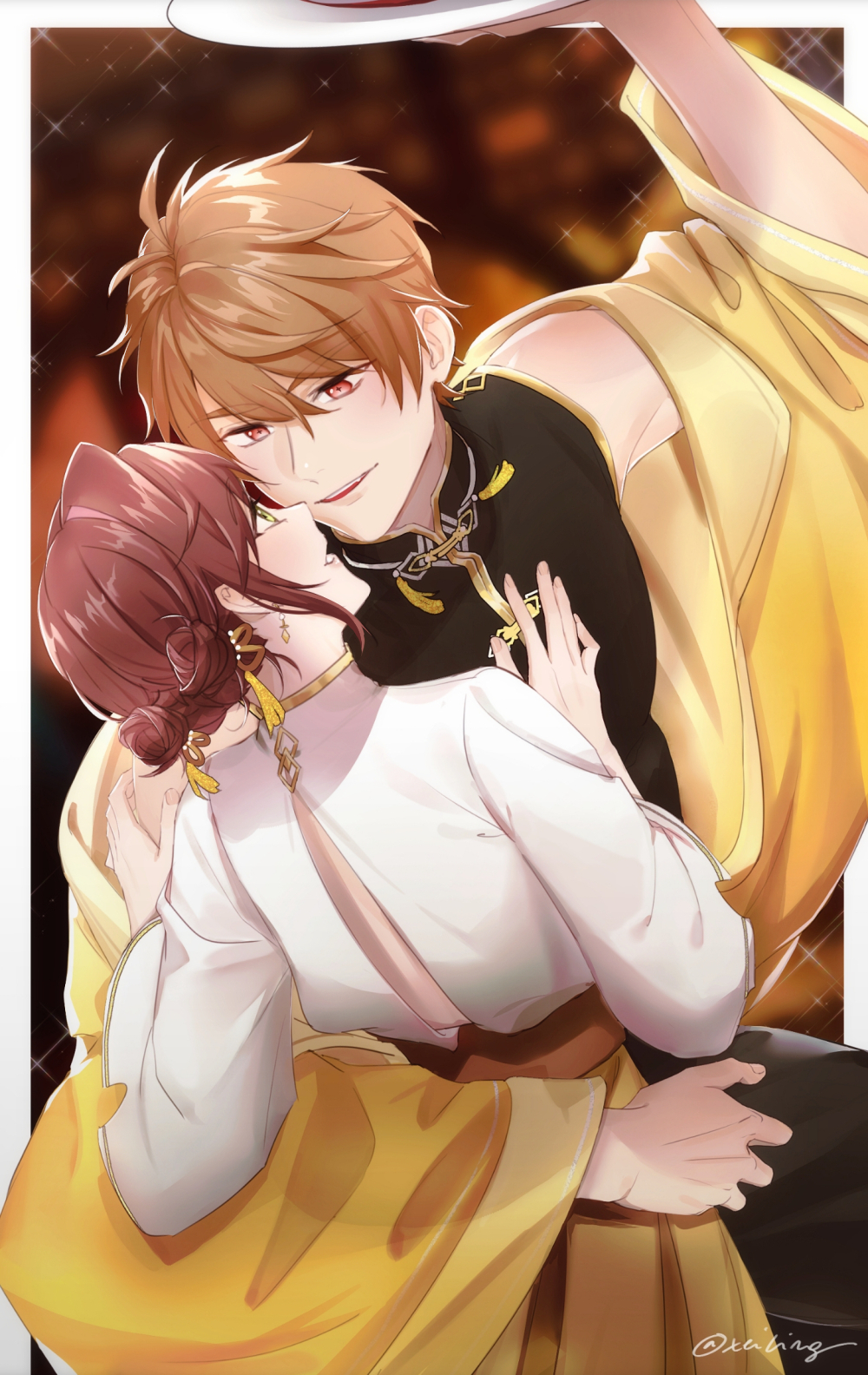 1boy 1girl arm_up armpits artist_name bangs brown_eyes brown_hair chinese_clothes earrings green_eyes hair_bun highres jewelry long_sleeves looking_at_another luke_pearce_(tears_of_themis) open_mouth rosa_(tears_of_themis) short_hair single_hair_bun sleeveless tears_of_themis xeiling
