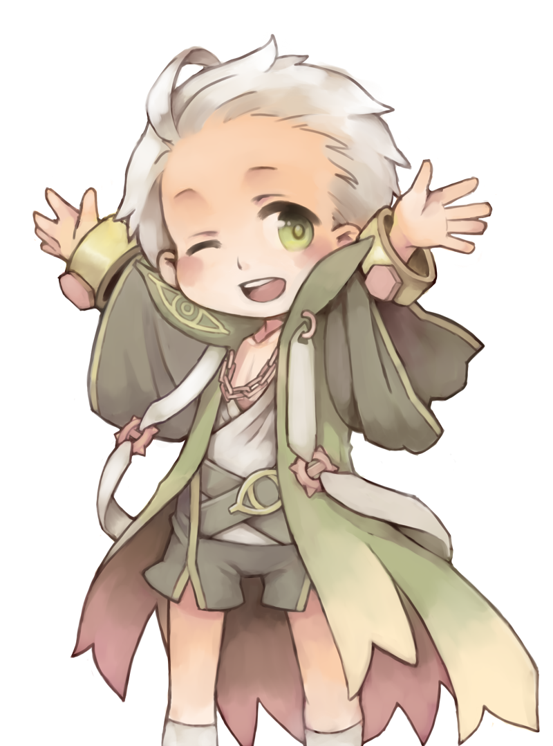 1boy acheru_maru alternate_color bangs black_shorts chain coat commentary_request feet_out_of_frame green_coat green_eyes long_sleeves male_focus one_eye_closed open_mouth ragnarok_online round_teeth shirt short_hair shorts simple_background smile solo teeth warlock_(ragnarok_online) white_background white_hair white_shirt wide_sleeves