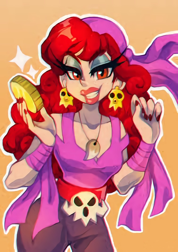 artist_request blue_eyeshadow captain_syrup coin collar curly_hair earrings eyeshadow jewelry lipstick looking_at_viewer makeup non-web_source red_eyes red_lips red_nails redhead wario_land wavy_hair