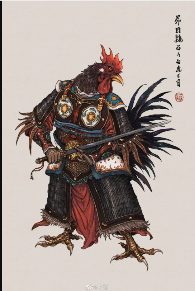 animal animal_focus armor bird chicken china chinese_armor claws closed_mouth feathers fighting_stance grey_background holding holding_sword holding_weapon japanese_armor lamellar_armor muyangtv_(user_edkf8885) no_humans original simple_background sword weapon