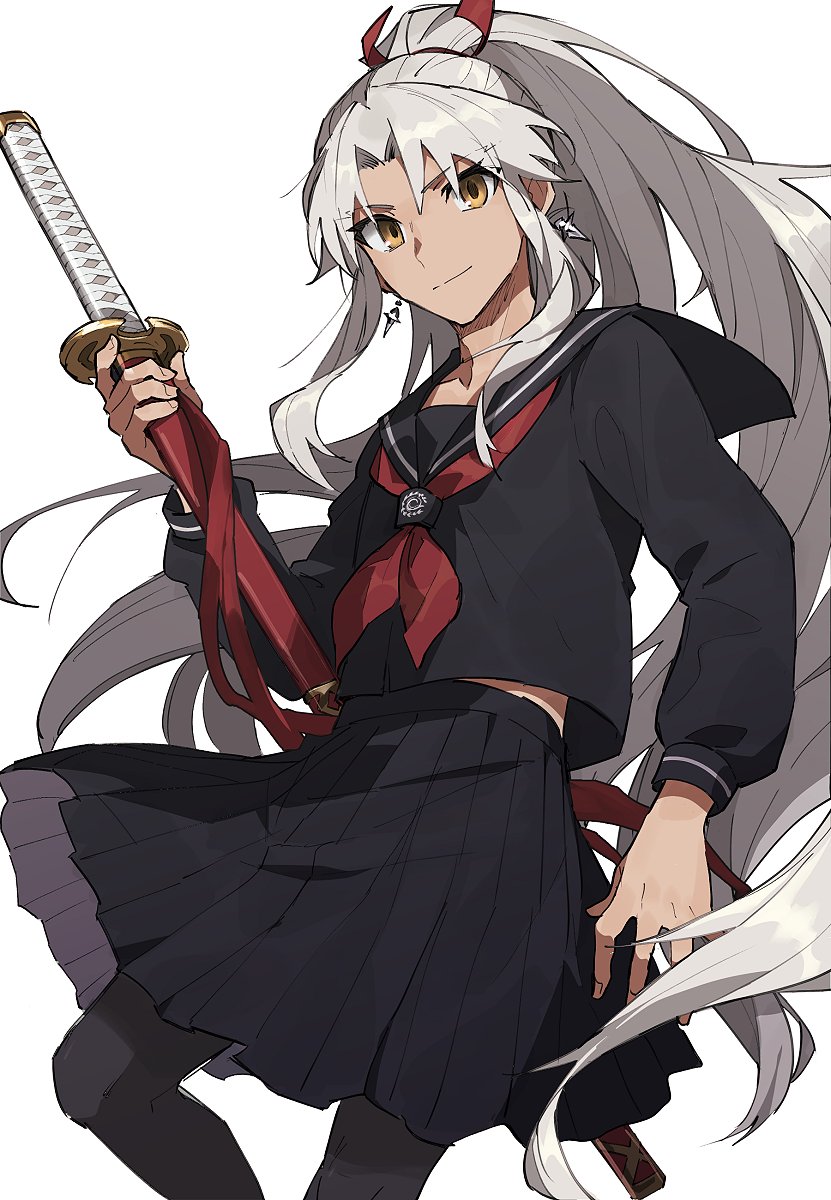 1boy alternate_costume amakusa_shirou_(fate) amakusa_shirou_(third_ascension)_(fate) bangs black_dress black_pantyhose black_sailor_collar closed_mouth collared_shirt commentary_request crossdressing dark-skinned_male dark_skin dress earrings fate/apocrypha fate/grand_order fate_(series) highres holding holding_sword holding_weapon jewelry katana long_hair long_sleeves looking_at_viewer male_focus menma222 neckerchief official_alternate_hair_length official_alternate_hairstyle pantyhose parted_bangs pleated_skirt ponytail red_neckerchief sailor_collar sailor_dress school_uniform serafuku shirt sidelocks simple_background skirt smile solo sword very_long_hair weapon white_background white_hair yellow_eyes