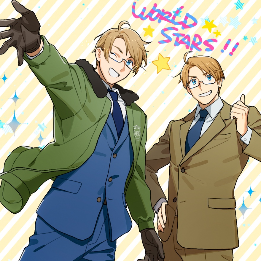 1boy ahoge america_(hetalia) axis_powers_hetalia blonde_hair blue_eyes blue_necktie blue_suit brown_gloves brown_suit collared_shirt copyright_name formal fur-trimmed_jacket fur_trim gloves green_jacket grin hand_on_hip jacket leather leather_gloves multiple_persona necktie official_alternate_costume one_eye_closed reaching_out shirt smile sparkle star_(symbol) suit thumbs_up to@st