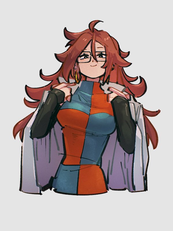 1girl android_21 black_sleeves breasts checkered_clothes checkered_dress closed_mouth dragon_ball dragon_ball_fighterz dress earrings glasses grey_background hoop_earrings jewelry kemachiku labcoat large_breasts long_hair looking_at_viewer redhead simple_background smile solo