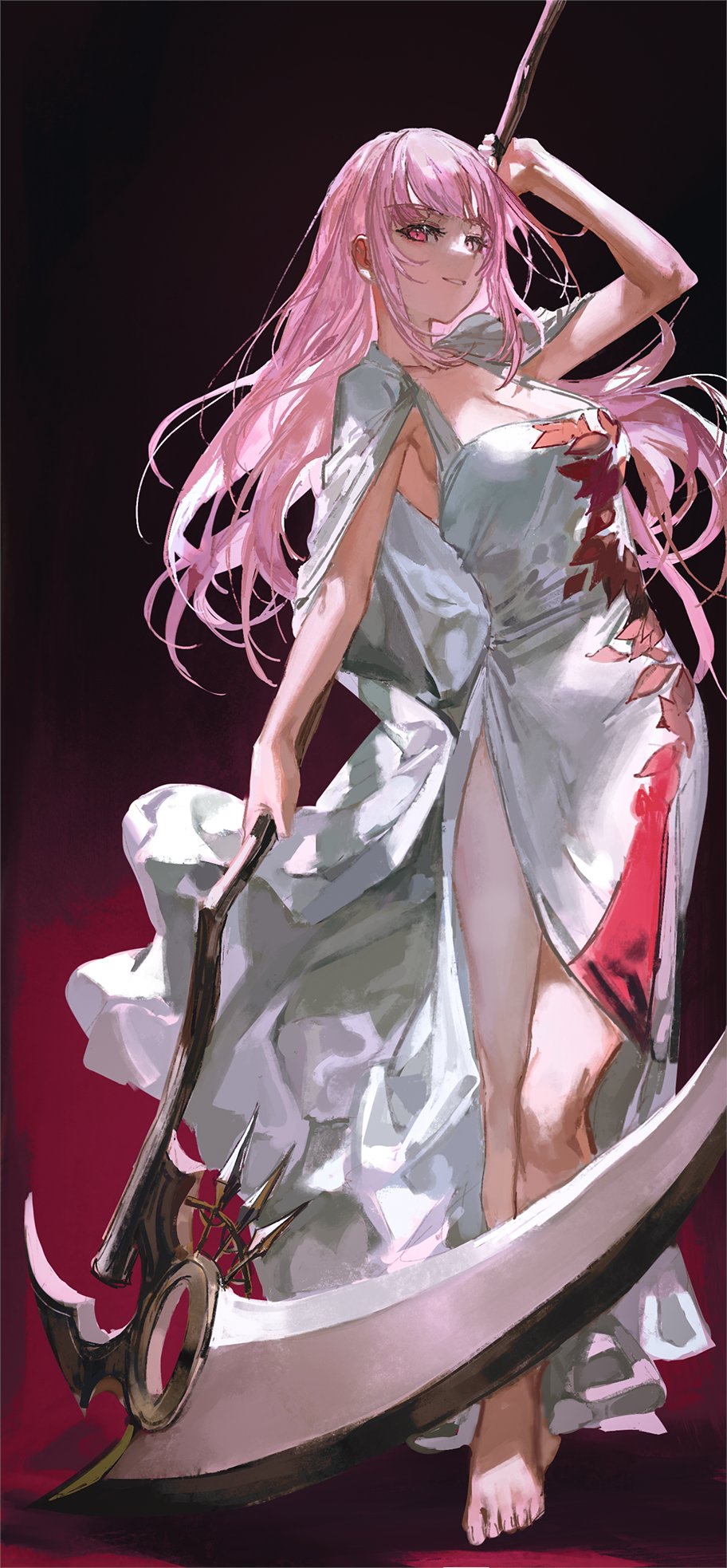 1girl alternate_costume barefoot dress highres holding holding_scythe hololive hololive_english light_smile long_dress long_hair looking_at_viewer mori_calliope pink_hair quasarcake red_eyes scythe side_slit solo virtual_youtuber