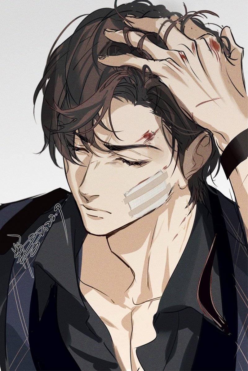 1boy artem_wing_(tears_of_themis) bangs black_shirt blood blood_on_face brown_hair close-up closed_eyes closed_mouth collared_shirt grey_background injury male_focus shirt signature simple_background solo tang_xinzi tears_of_themis