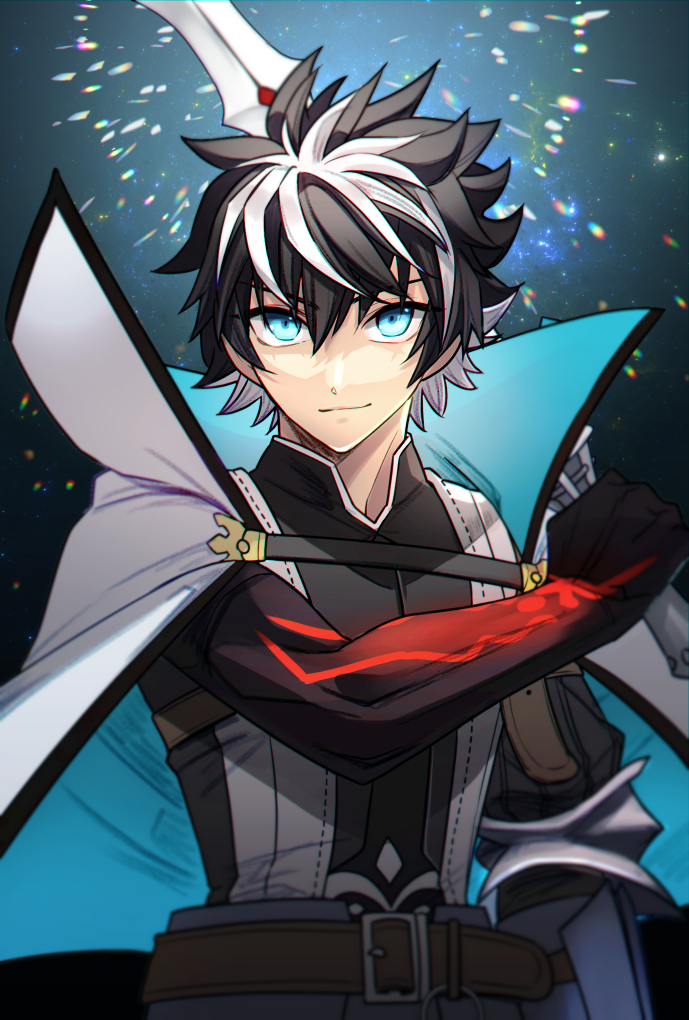 1boy armor bangs belt black_hair blue_cape blue_eyes brown_belt cape charlemagne_(fate) closed_mouth commentary_request fate/extella fate/extella_link fate/extra fate/grand_order fate_(series) gloves glowing glowing_eyes holding holding_sword holding_weapon joyeuse_ordre_(fate) ki_lly light_particles light_smile long_sleeves looking_at_viewer male_focus multicolored_hair puffy_sleeves short_hair solo sword two-tone_hair upper_body weapon white_armor white_cape white_hair