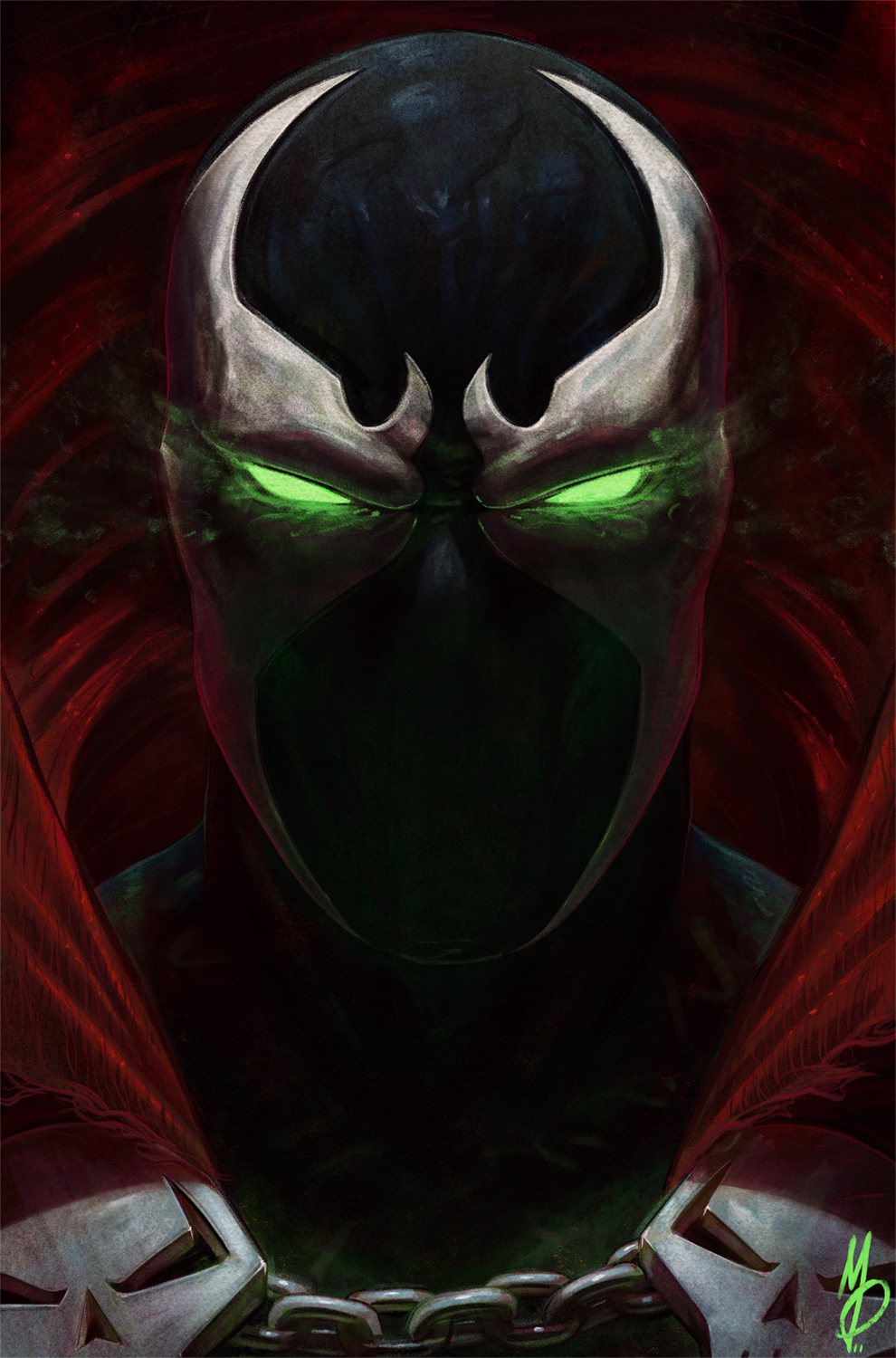 1boy bodysuit cape glowing glowing_eyes green_eyes highres looking_at_viewer male_focus max58art portrait red_cape signature solo spawn spawn_(spawn)