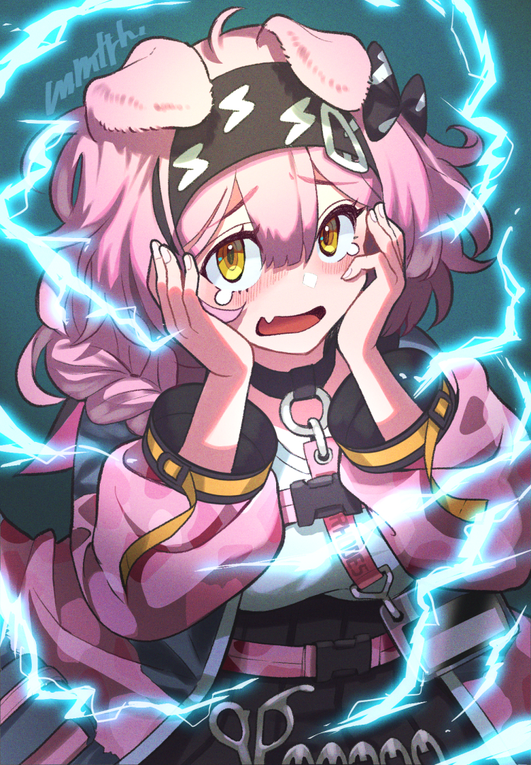 1girl ahoge animal_ears arknights black_bow black_hairband black_skirt blue_background bow braid breasts cat_ears cat_girl crying crying_with_eyes_open electricity fang floppy_ears goldenglow_(arknights) hair_between_eyes hair_bow hair_ornament hairband hairclip hands_on_own_face hands_up high-waist_skirt jacket lightning_bolt_print long_hair long_sleeves looking_at_viewer memetaroh open_mouth pink_hair pink_jacket print_bow print_hairband scissors shirt signature simple_background skin_fang skirt small_breasts solo tears upper_body white_shirt yellow_eyes